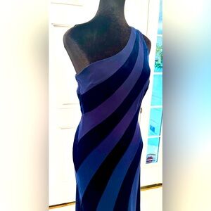 Sold! Gorgeous Navy Blue Striped Velvet Caché Evening Dress!